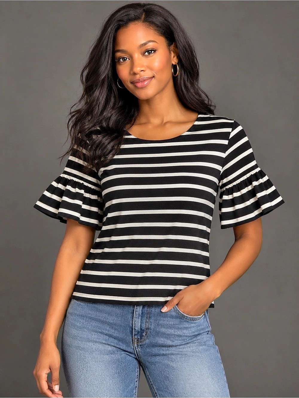 J.Crew Striped Ruffle Bell Sleeve Cotton Top XS Black White Coastal Preppy